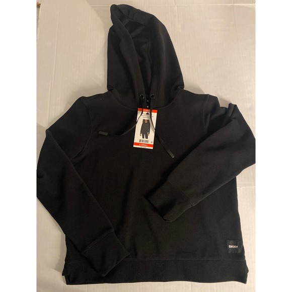 Dkny Tops - DKNY Tech Waffle Hoodie Black Long Sleeve Thermal Pullover Womens XS Casual